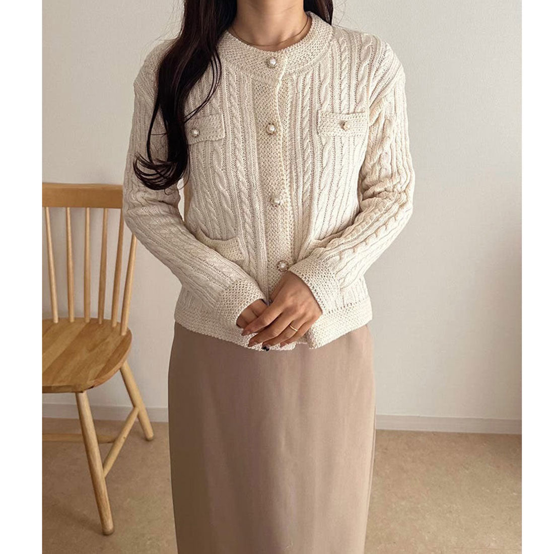 ニットカーディガン ケーブル編み 秋冬 ブラック