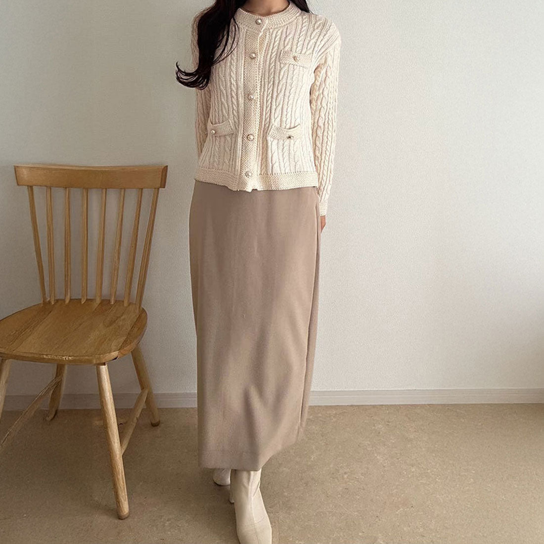 ニットカーディガン ケーブル編み 秋冬 ブラック