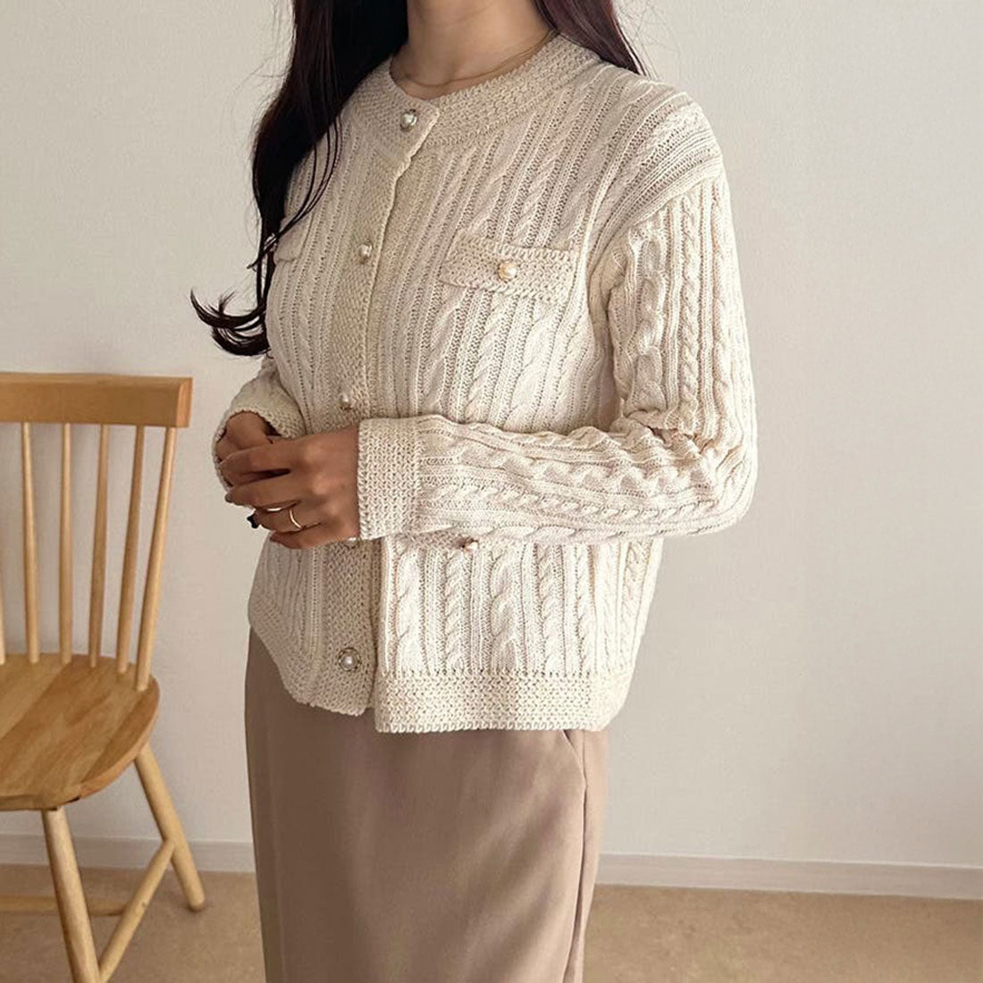 ニットカーディガン ケーブル編み 秋冬 ブラック