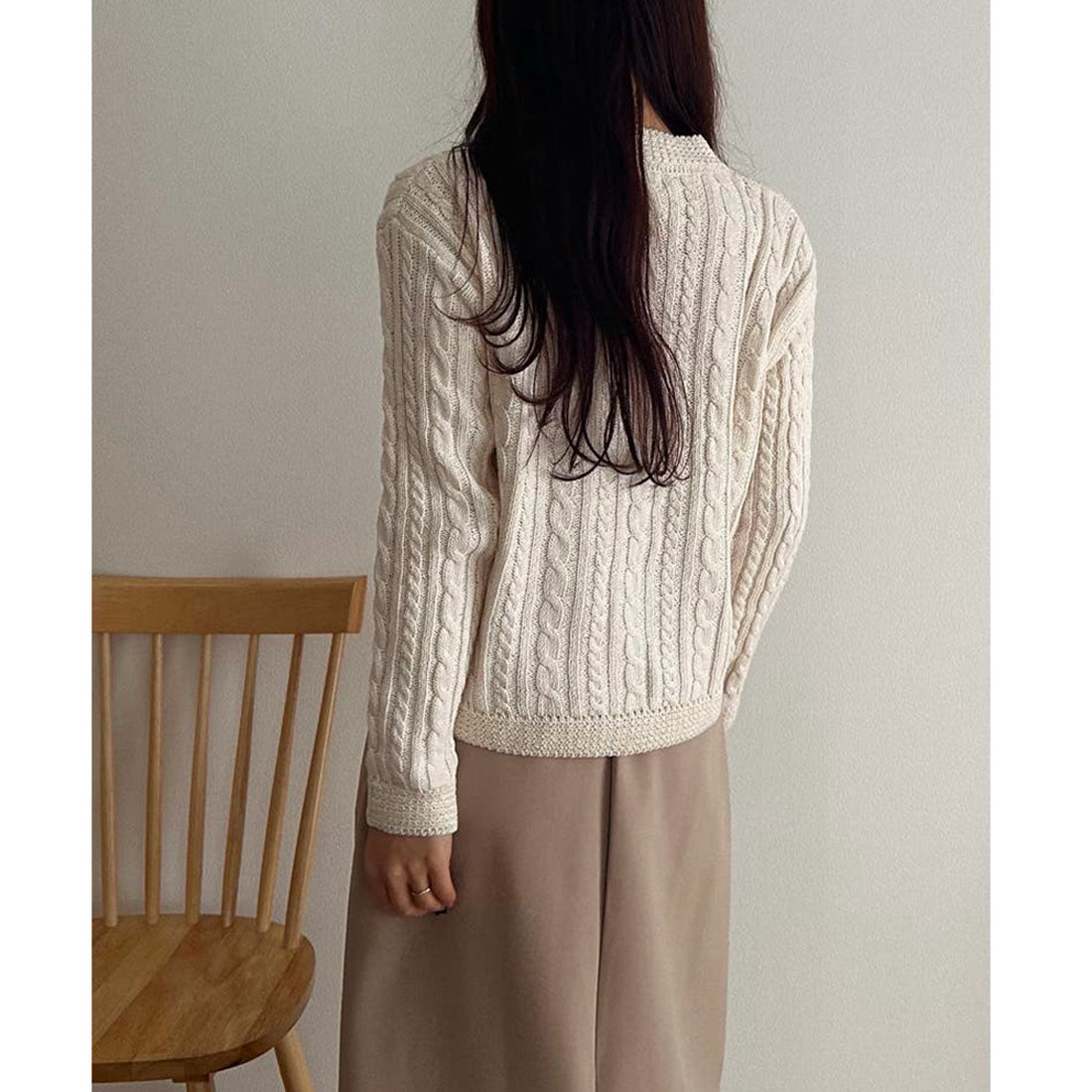 ニットカーディガン ケーブル編み 秋冬 ブラック