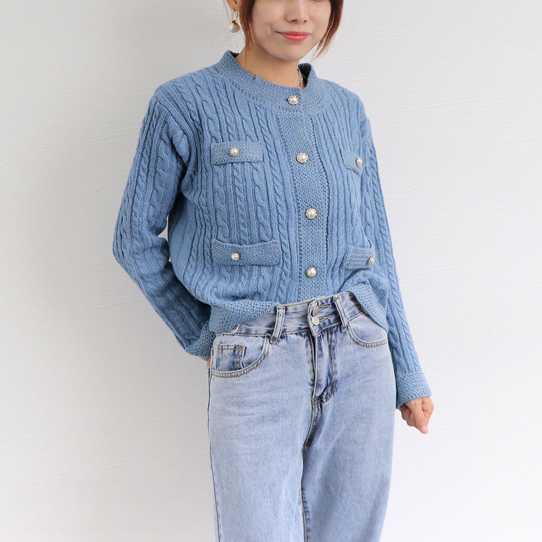 ニットカーディガン ケーブル編み 秋冬 ブラック