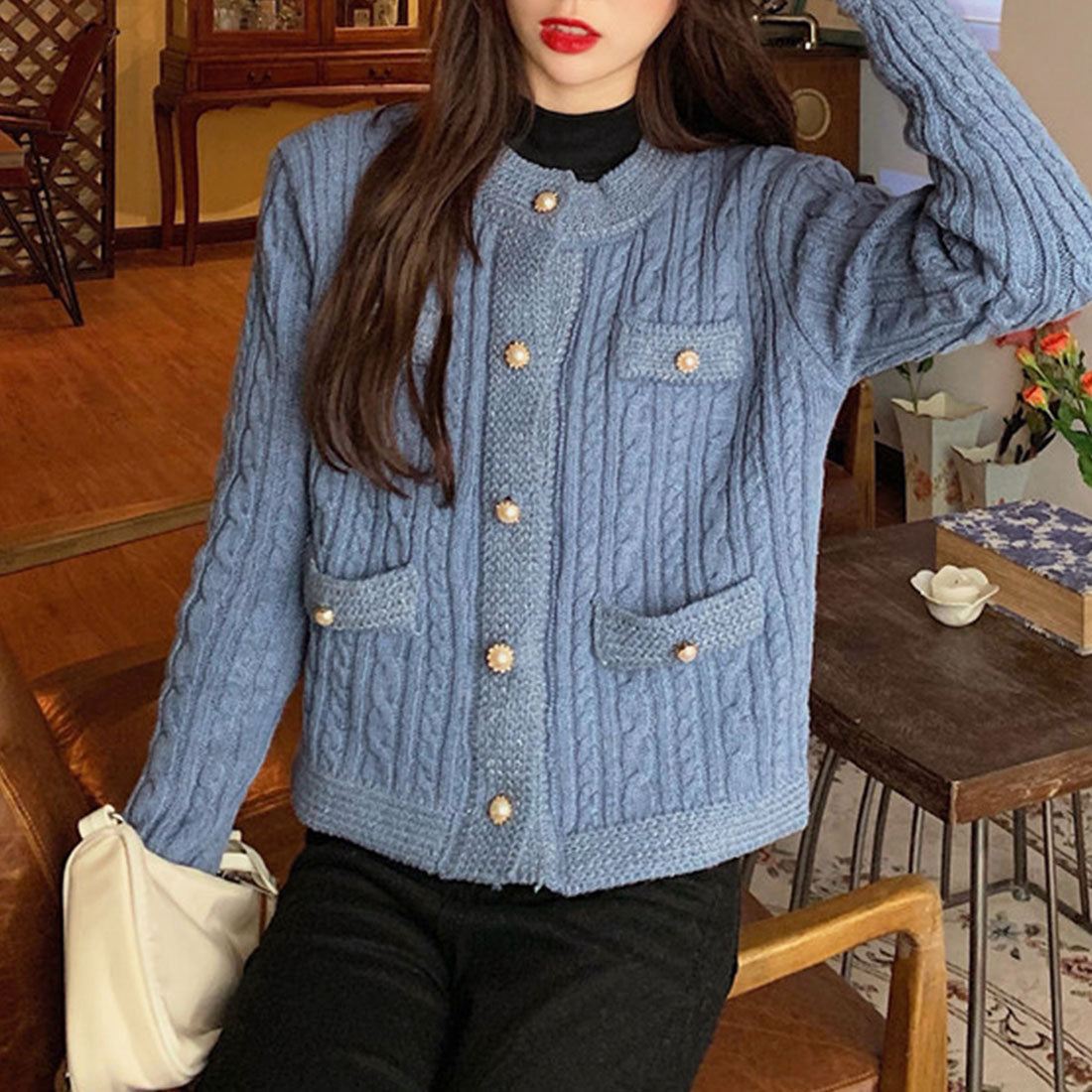 ニットカーディガン ケーブル編み 秋冬 ブルー