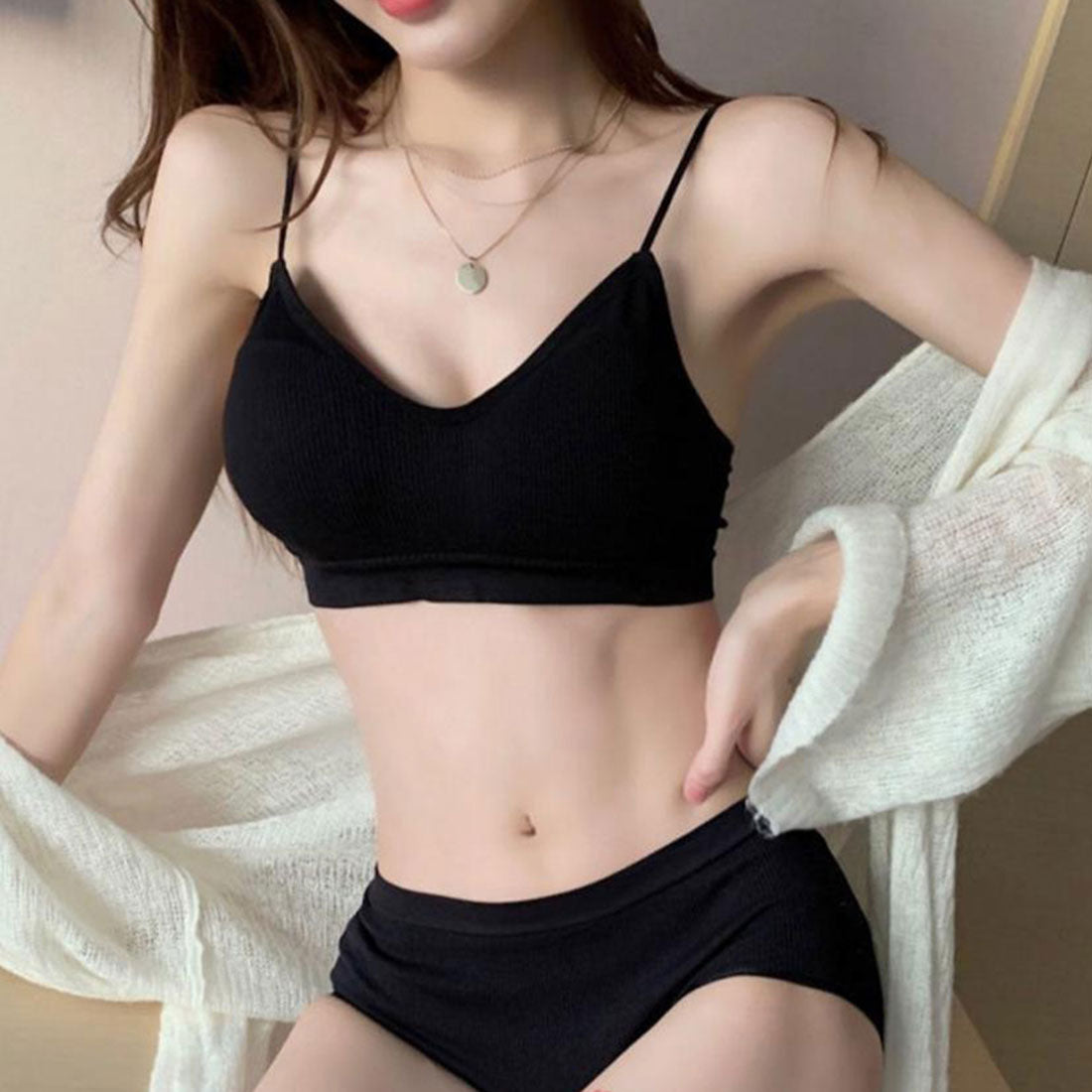 リブ素材 ブラショーツ 2点セット 黒 ブラック