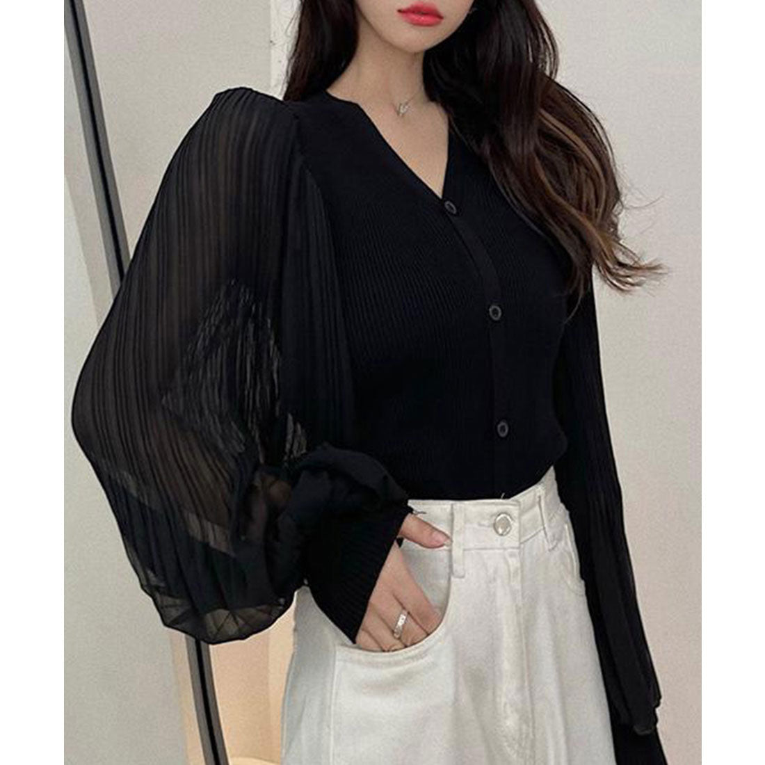 ニットカーディガンボリューム袖Vネック ブラック