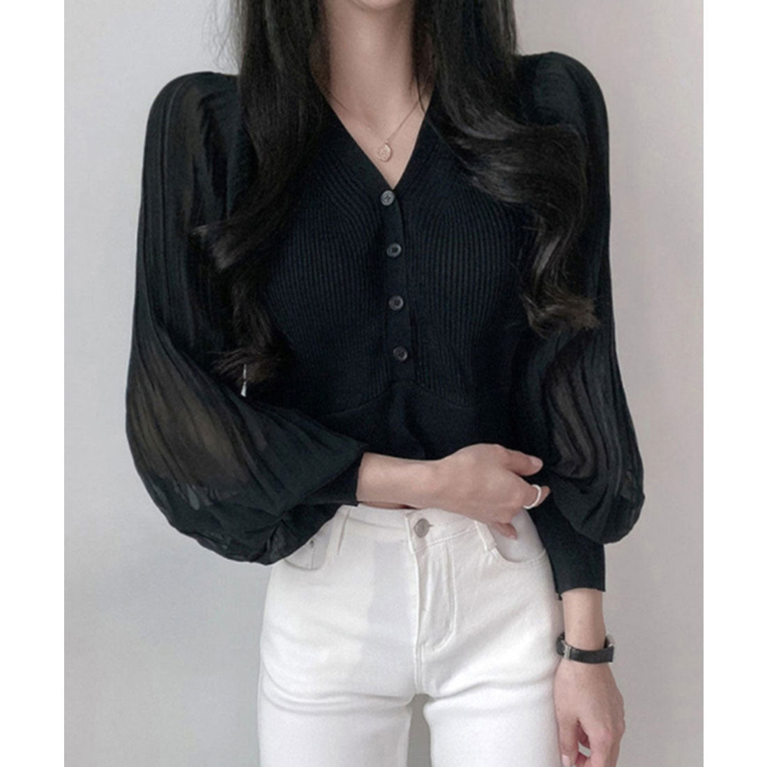 ニットカーディガンボリューム袖Vネック ブラック