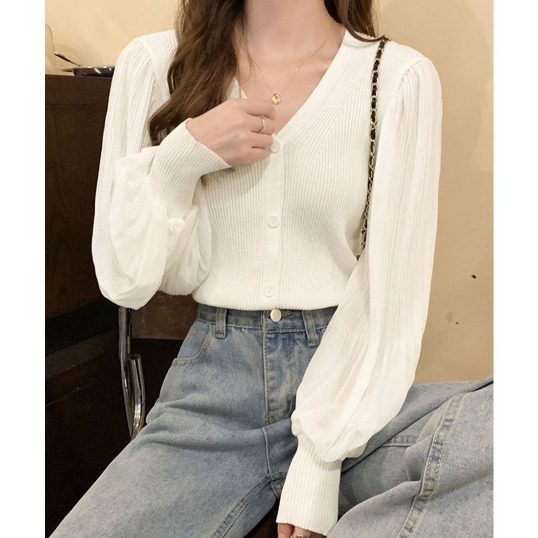 ニットカーディガンボリューム袖Vネック ブラック