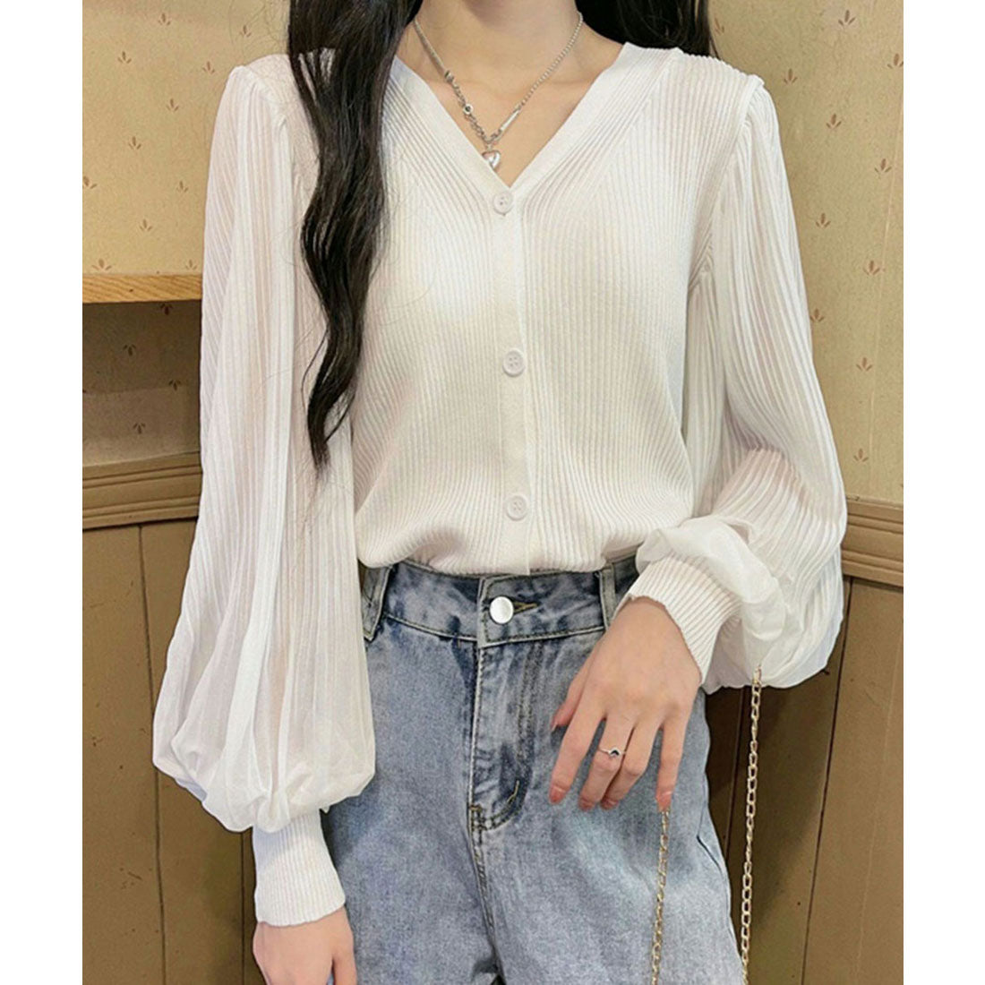 ニットカーディガンボリューム袖Vネック ブラック