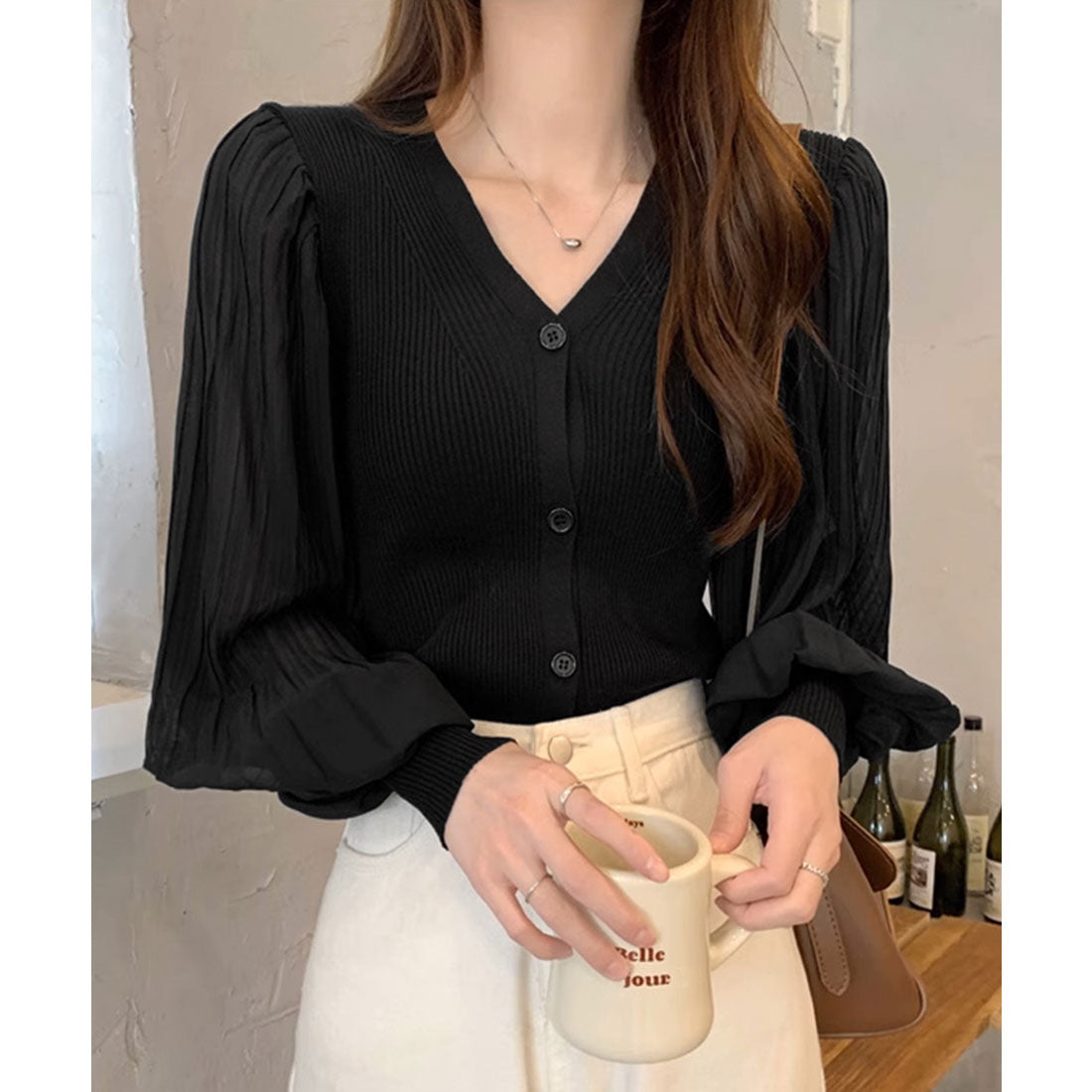 ニットカーディガンボリューム袖Vネック ブラック