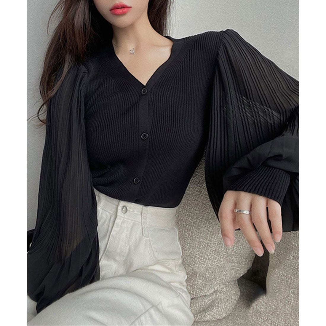 ニットカーディガンボリューム袖Vネック ブラック