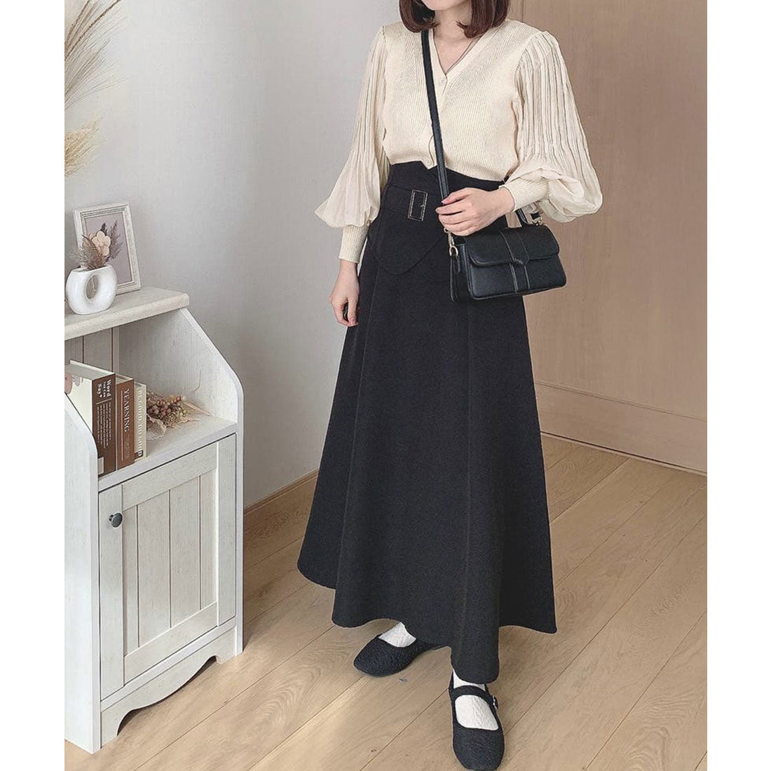 ニットカーディガンボリューム袖Vネック ブラック