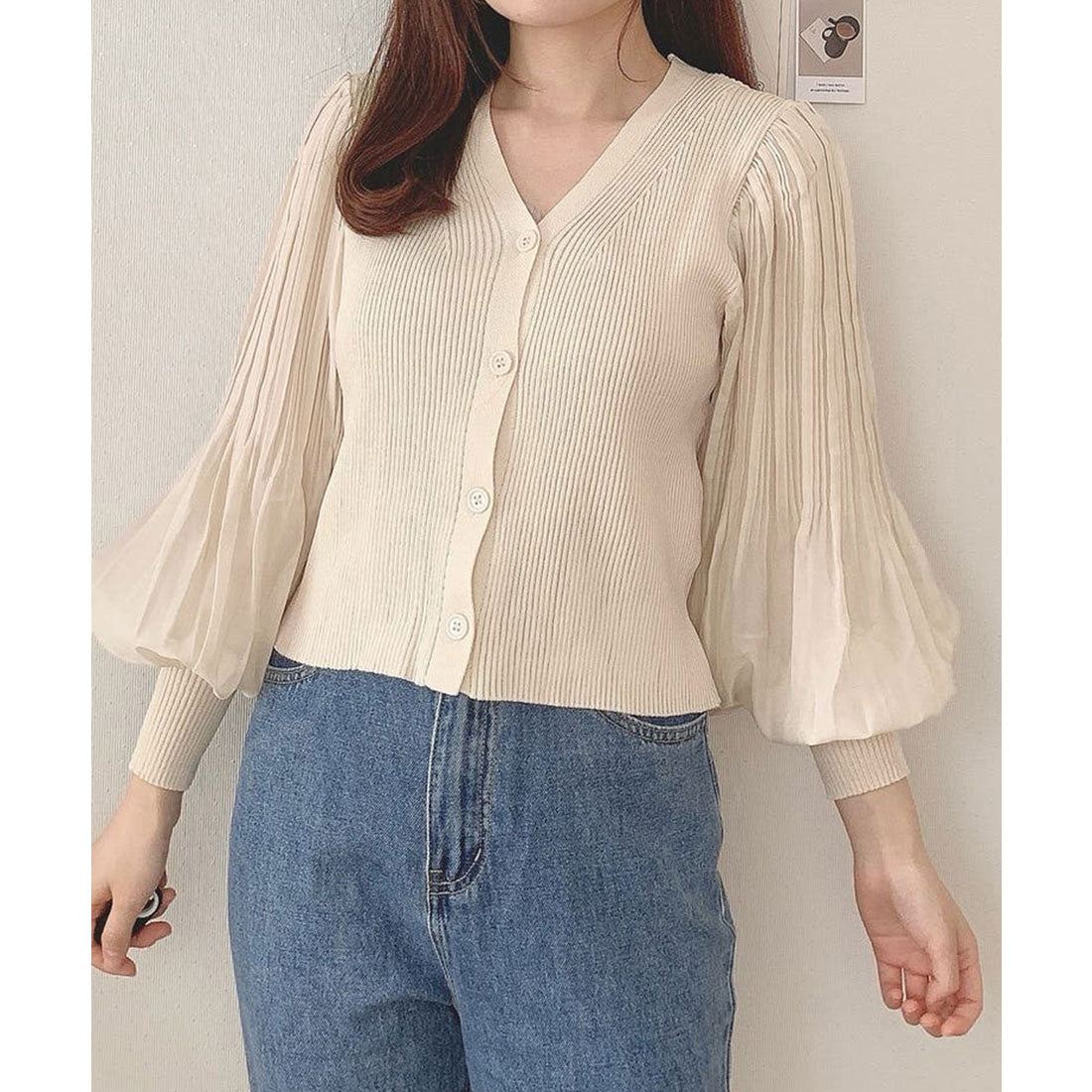 ニットカーディガンボリューム袖Vネック ブラック