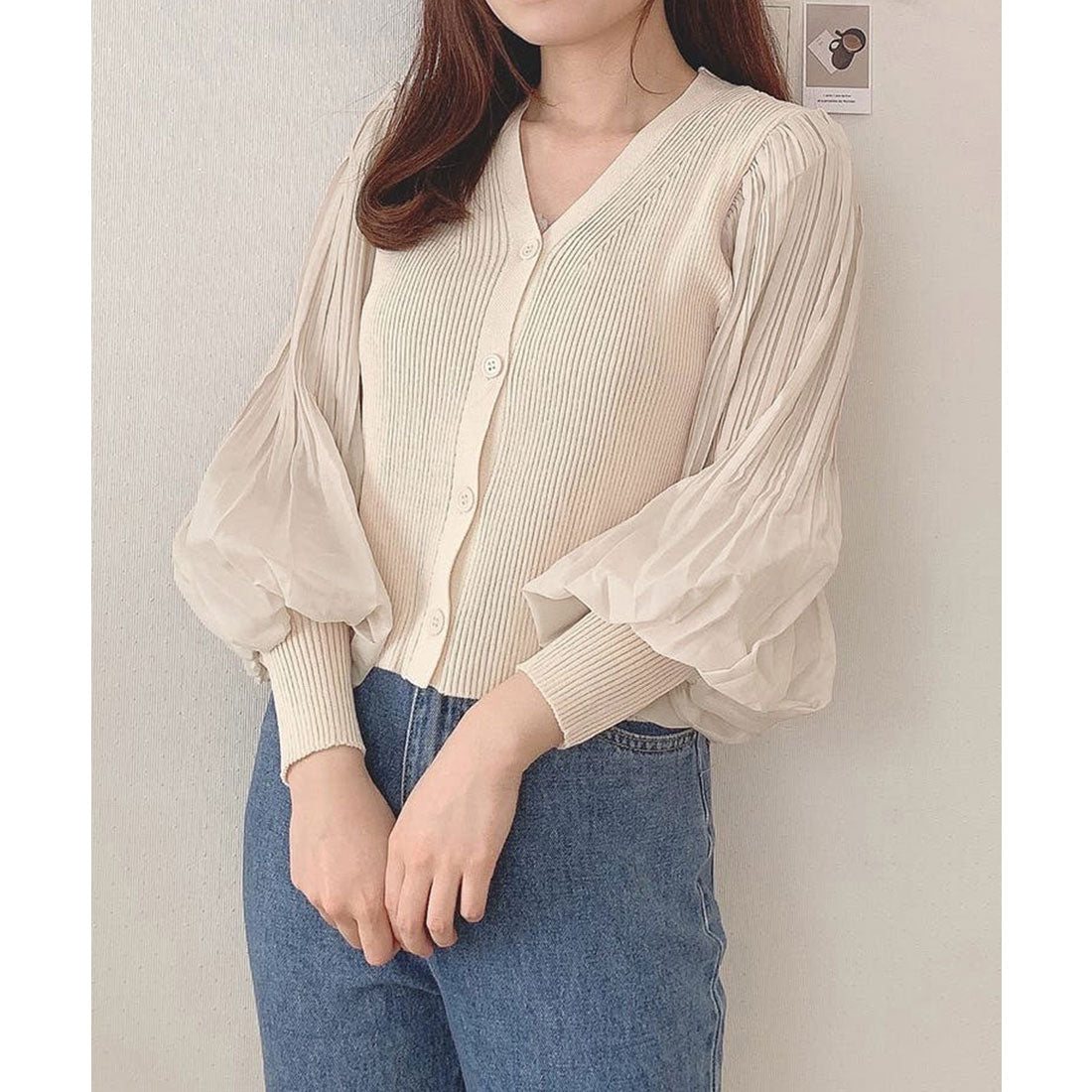 ニットカーディガンボリューム袖Vネック ブラック