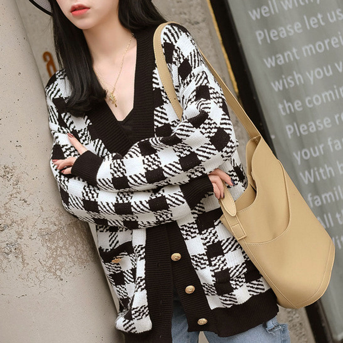ニットカーディガン レディースチェック柄,オフホワイト*ブラック