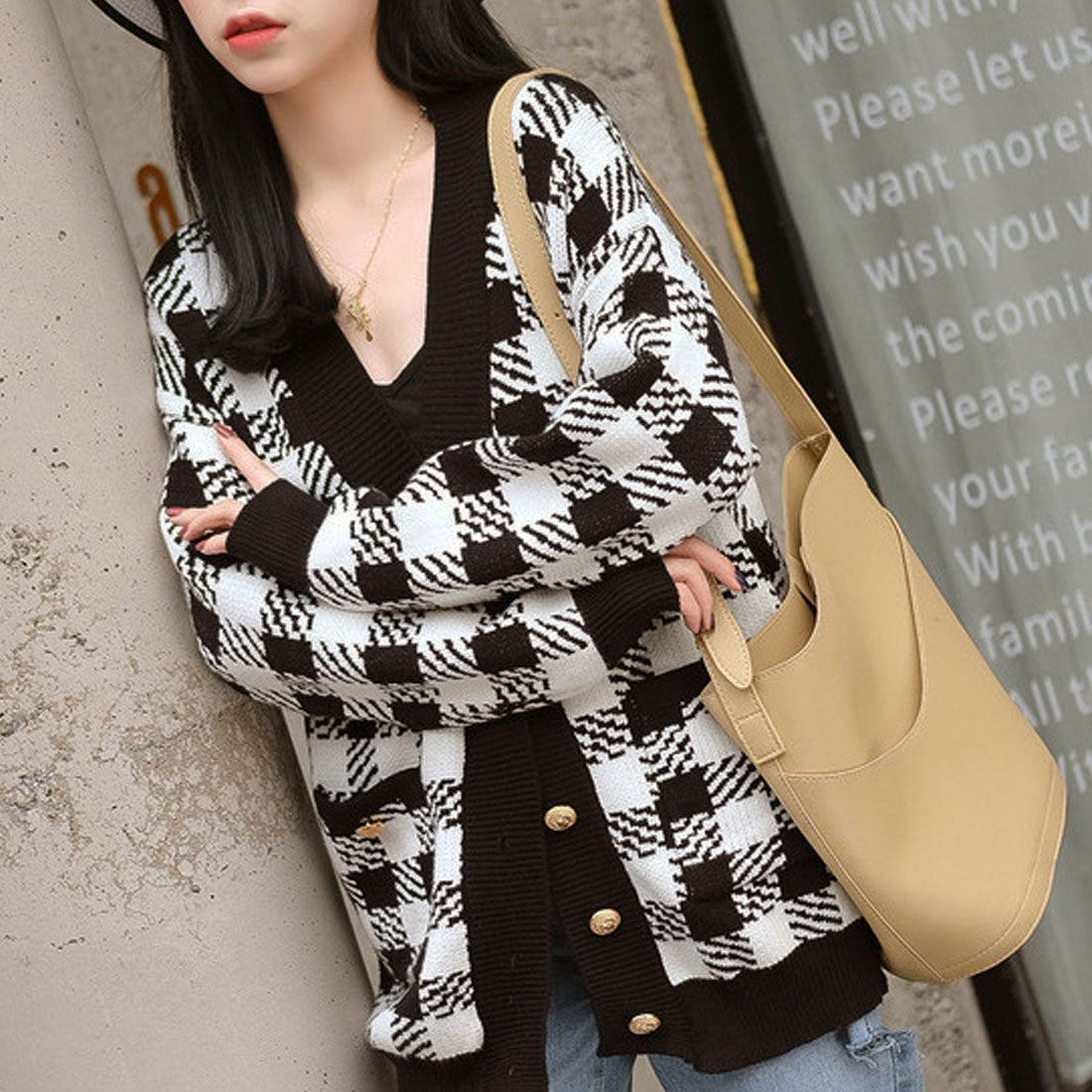 ニットカーディガン レディースチェック柄,オフホワイト*ブラック