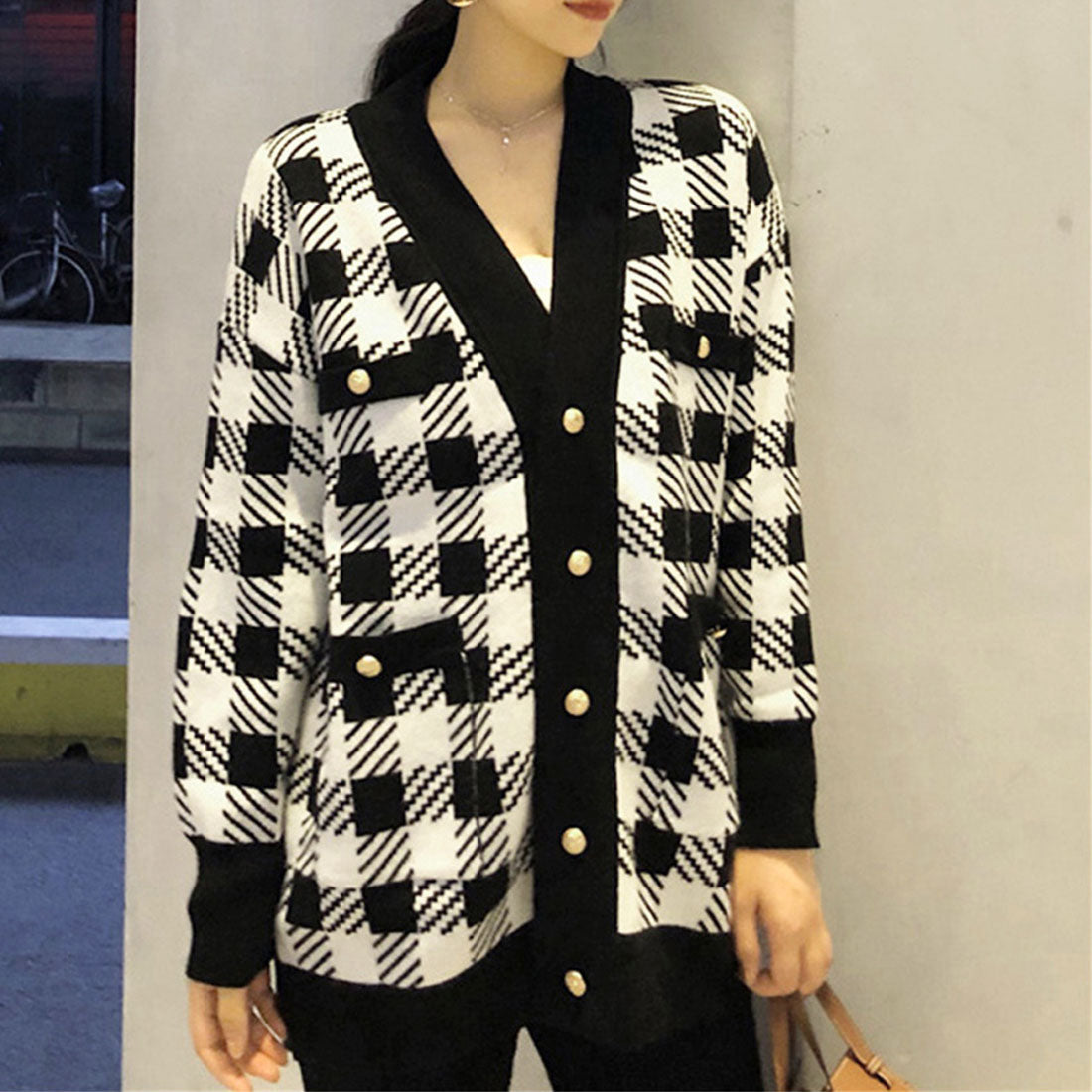 ニットカーディガン レディースチェック柄