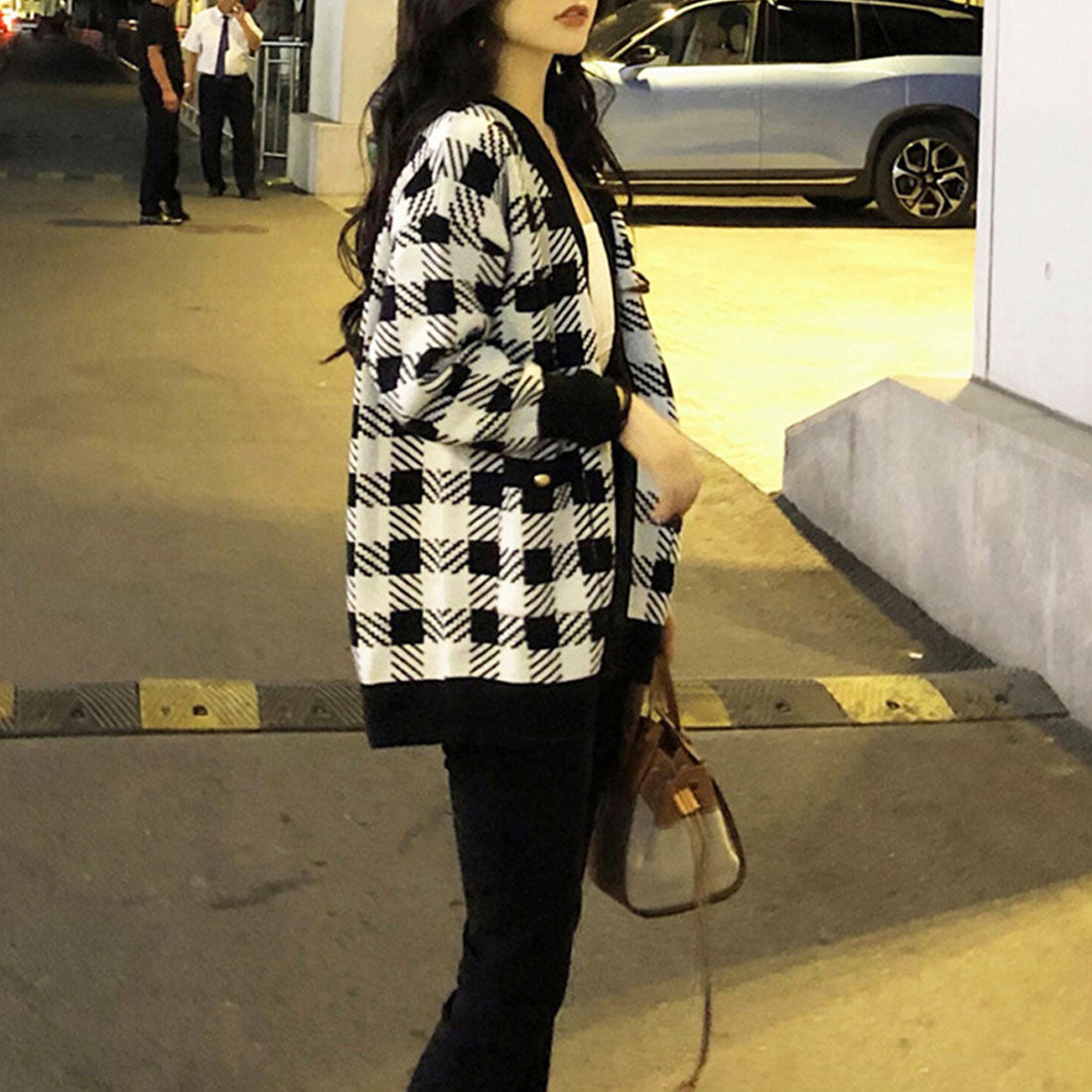 ニットカーディガン レディースチェック柄