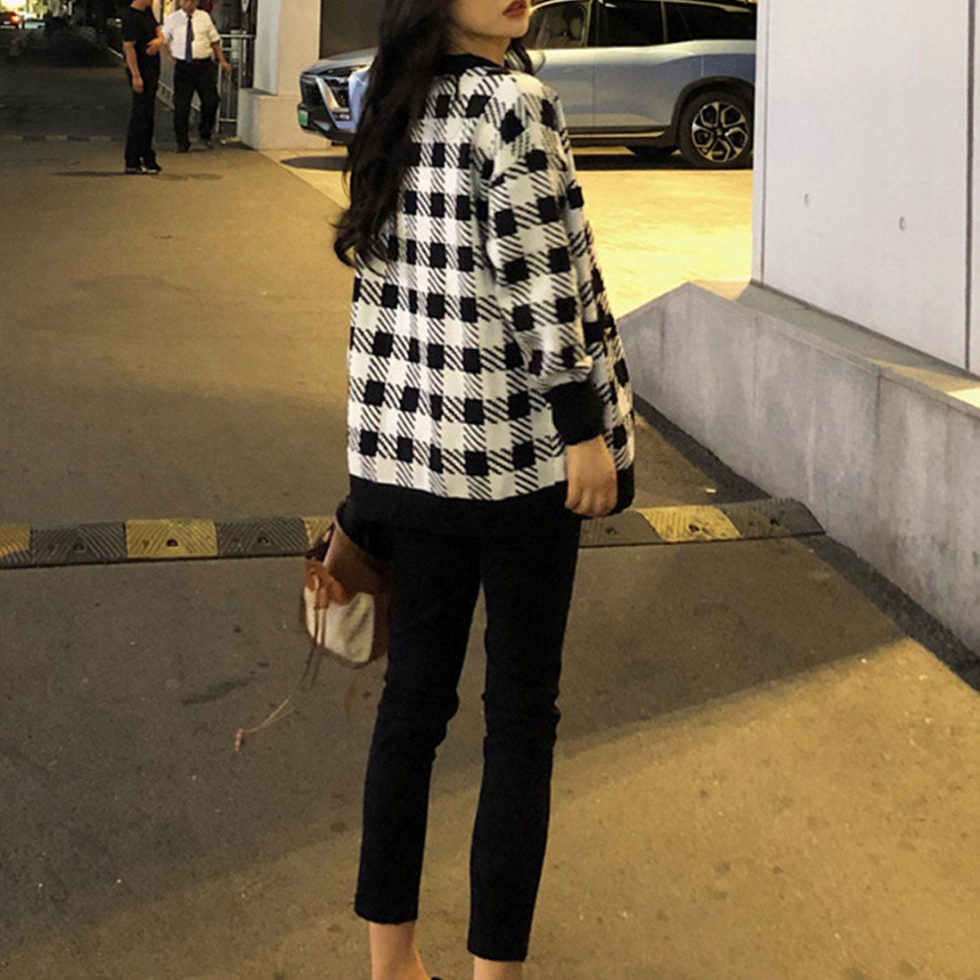 ニットカーディガン レディースチェック柄