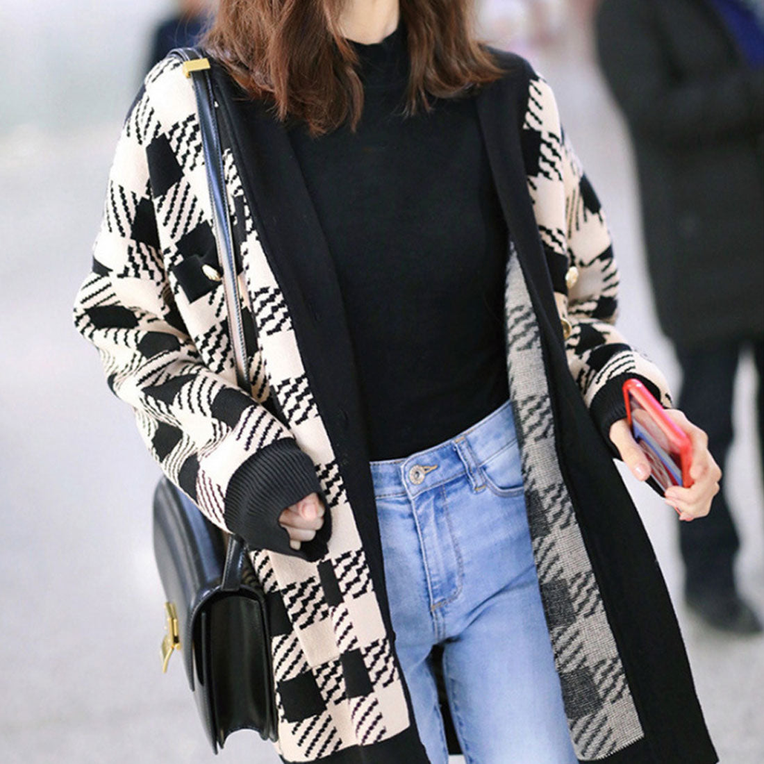 ニットカーディガン レディースチェック柄