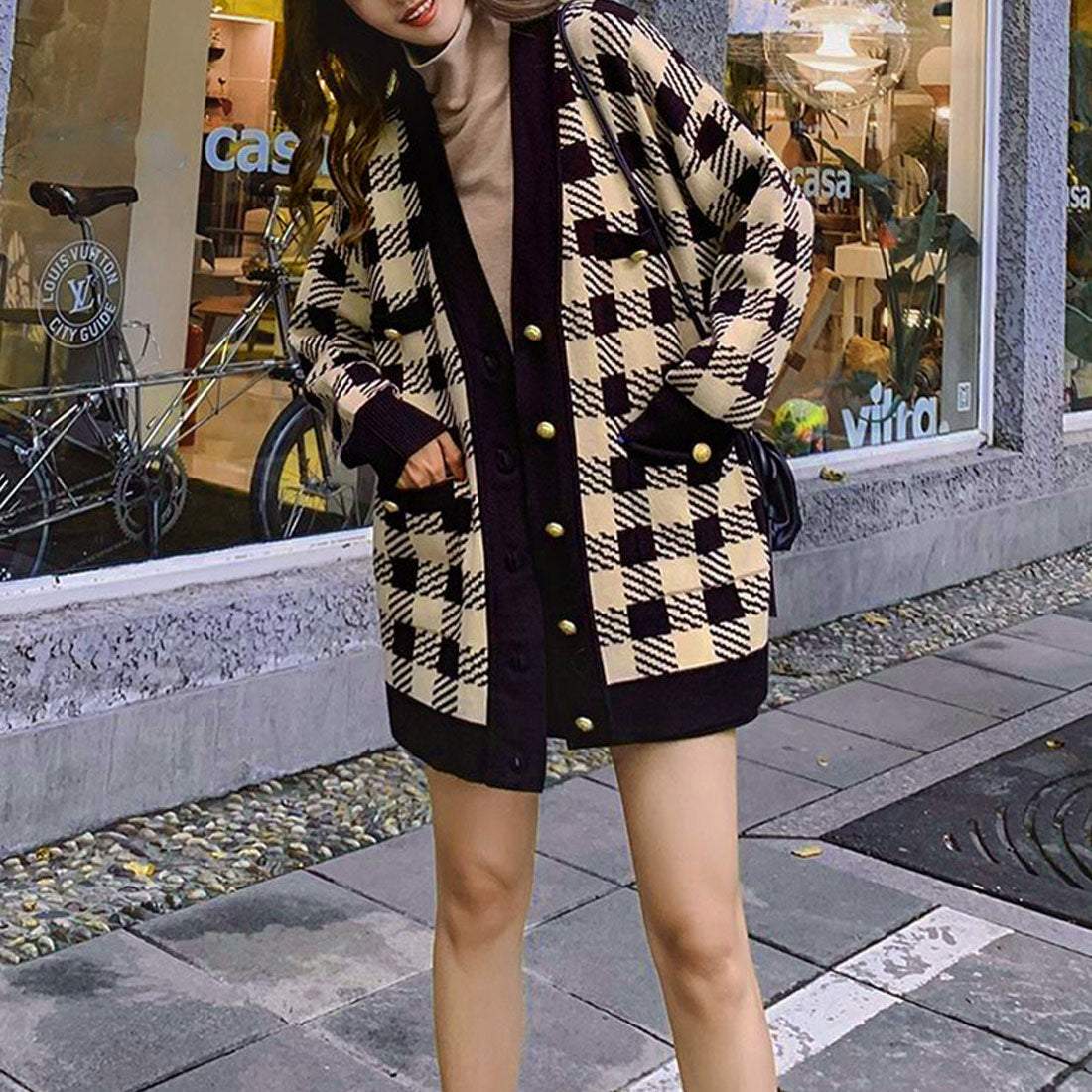 ニットカーディガン レディースチェック柄