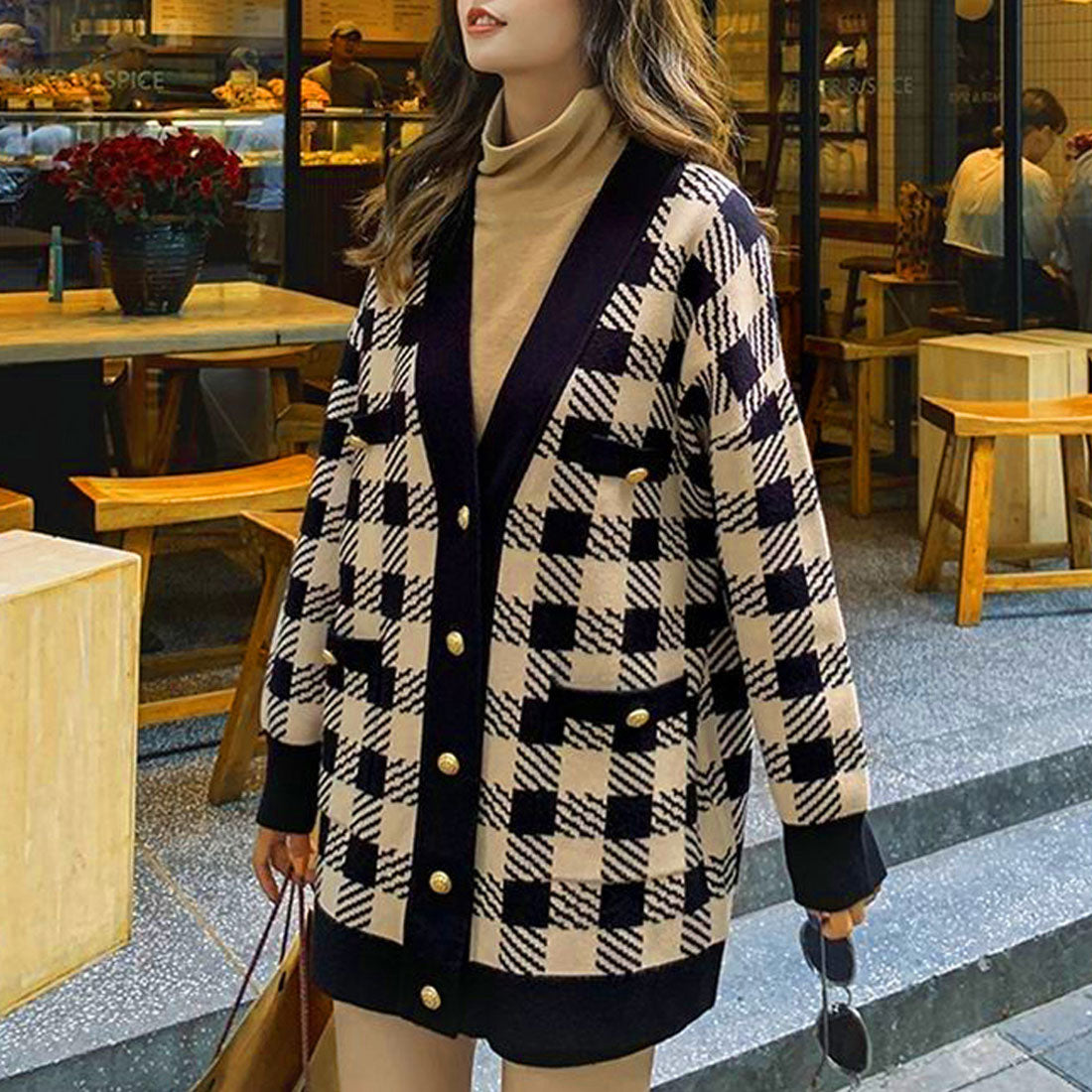 ニットカーディガン レディースチェック柄