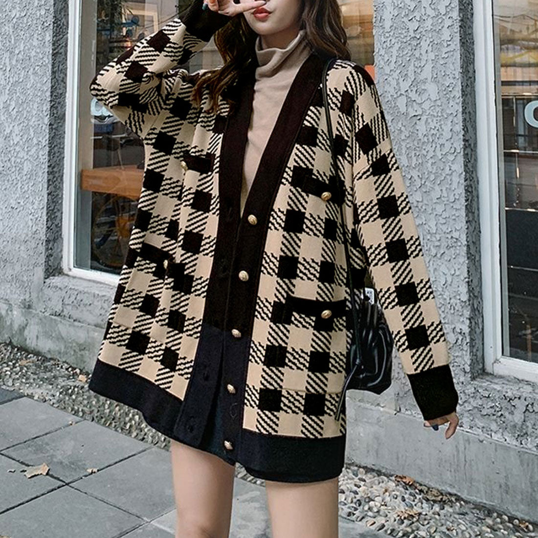 ニットカーディガン レディースチェック柄,ベージュ*ブラック