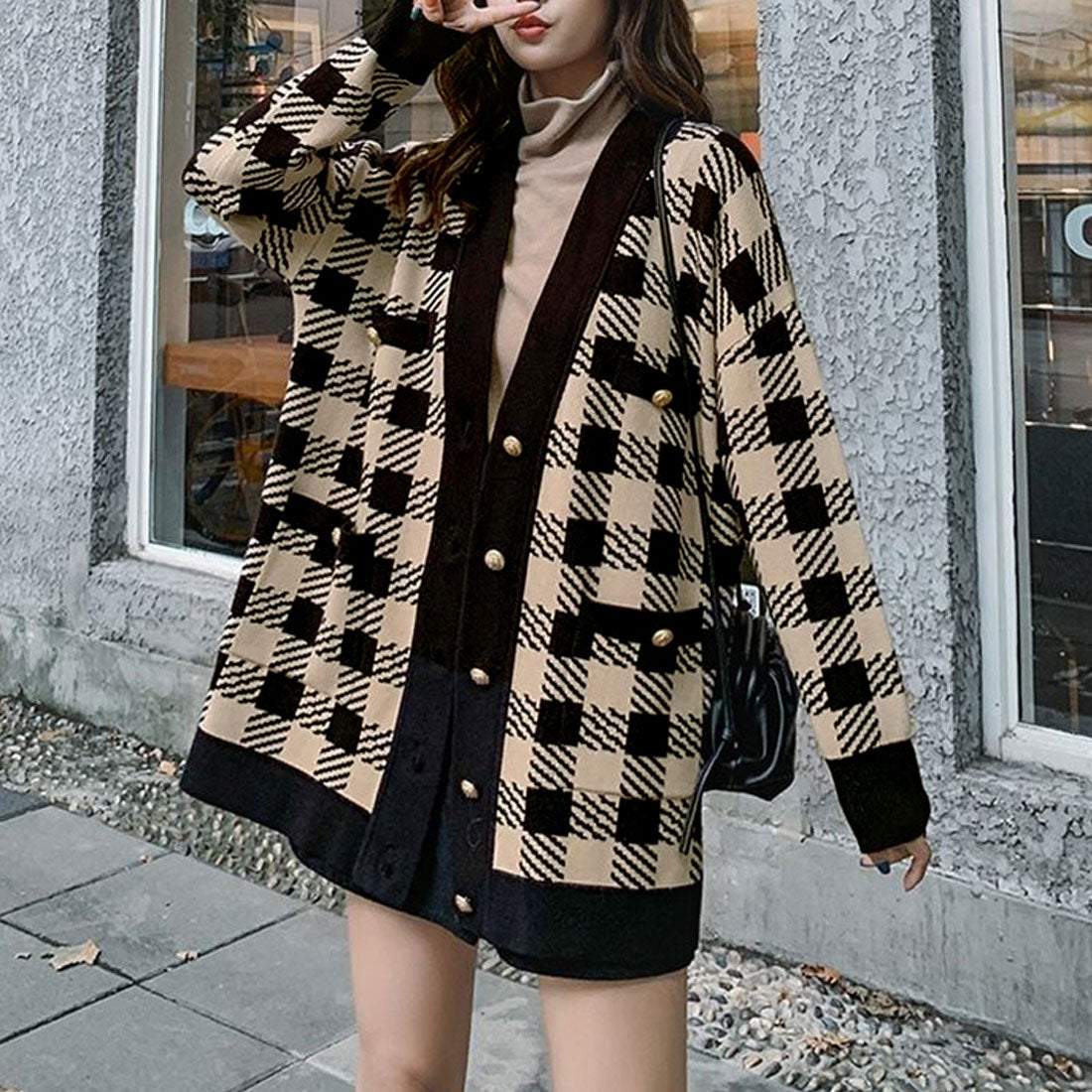 ニットカーディガン レディースチェック柄,ベージュ*ブラック