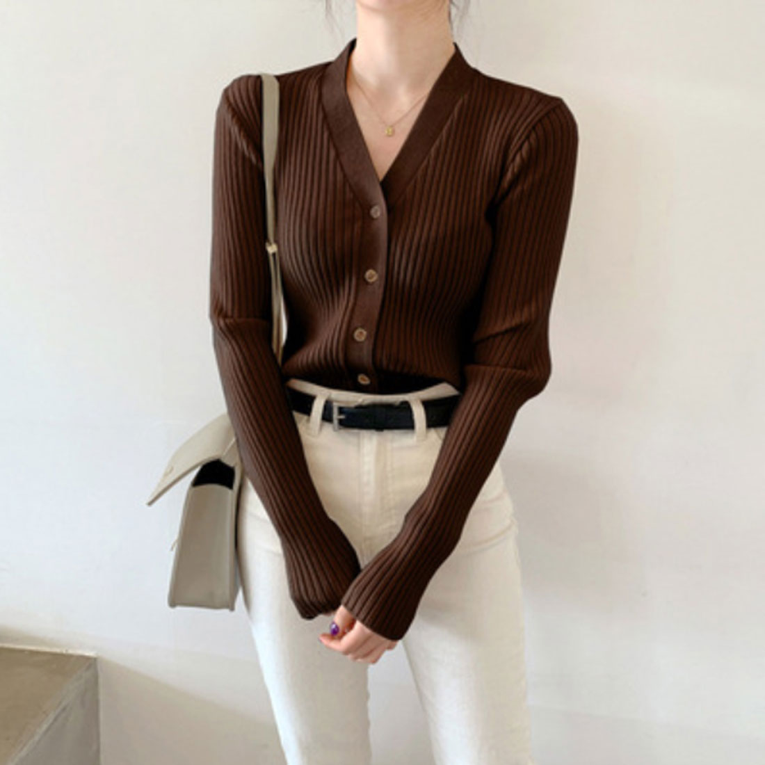 リブニットカーディガン レディース 秋冬,ブラウン