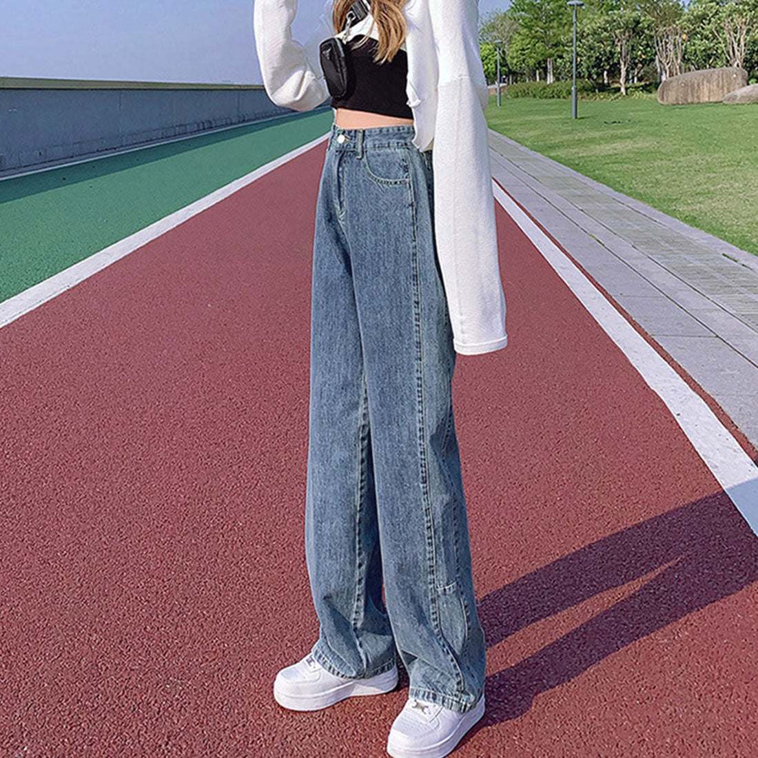 ストレートデニムパンツ ハイウエスト美脚,インディゴ