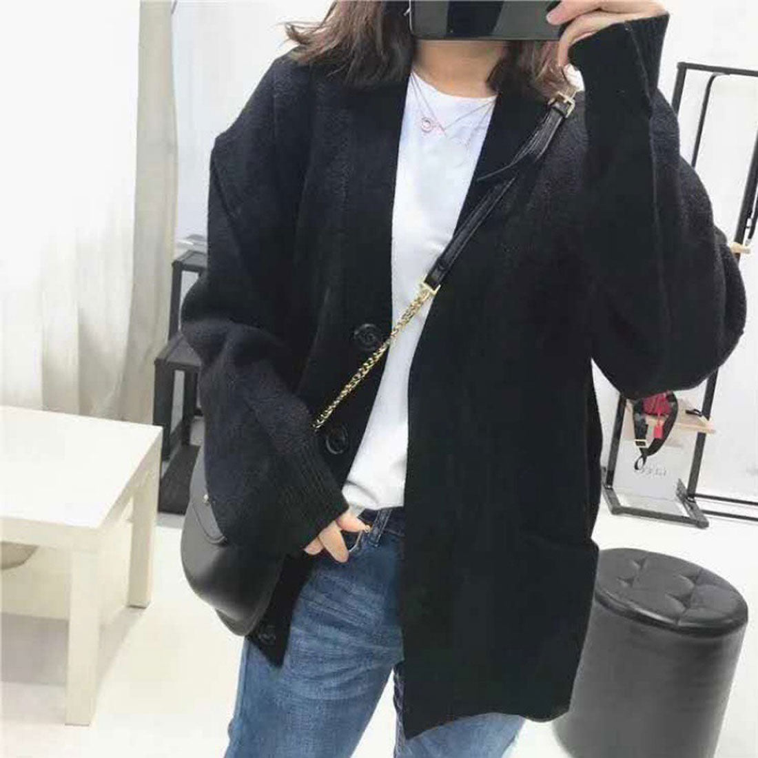 ニットカーディガンレディース 春秋冬韓国,ブラック