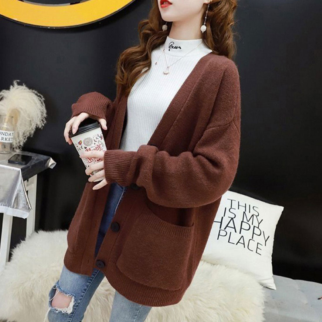 ニットカーディガンレディース 春秋冬韓国,ブラウン