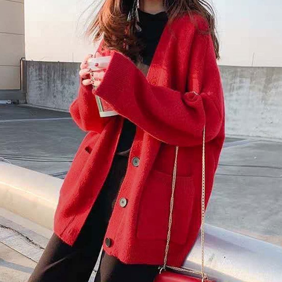 ニットカーディガンレディース 春秋冬韓国,レッド