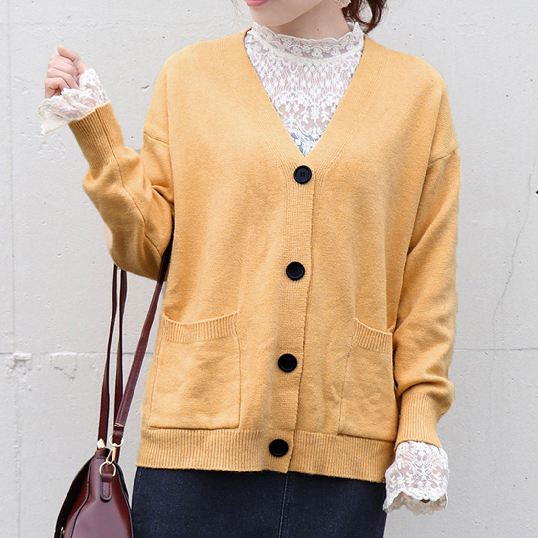 ニットカーディガンレディース 春秋冬韓国,イエロー