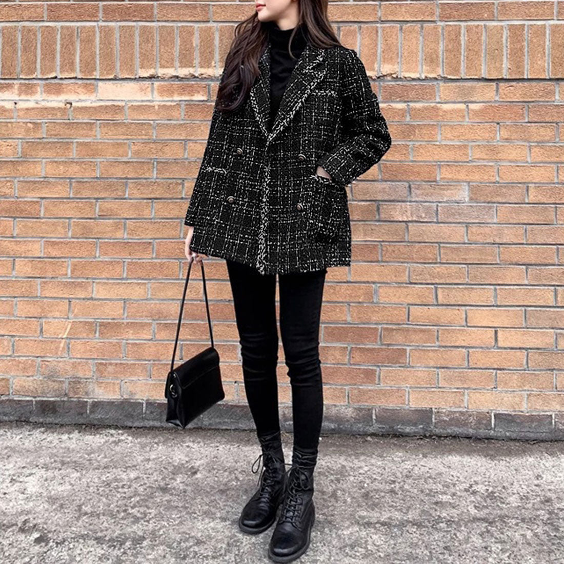 ツイード風ジャケット レディース 秋冬,ブラック