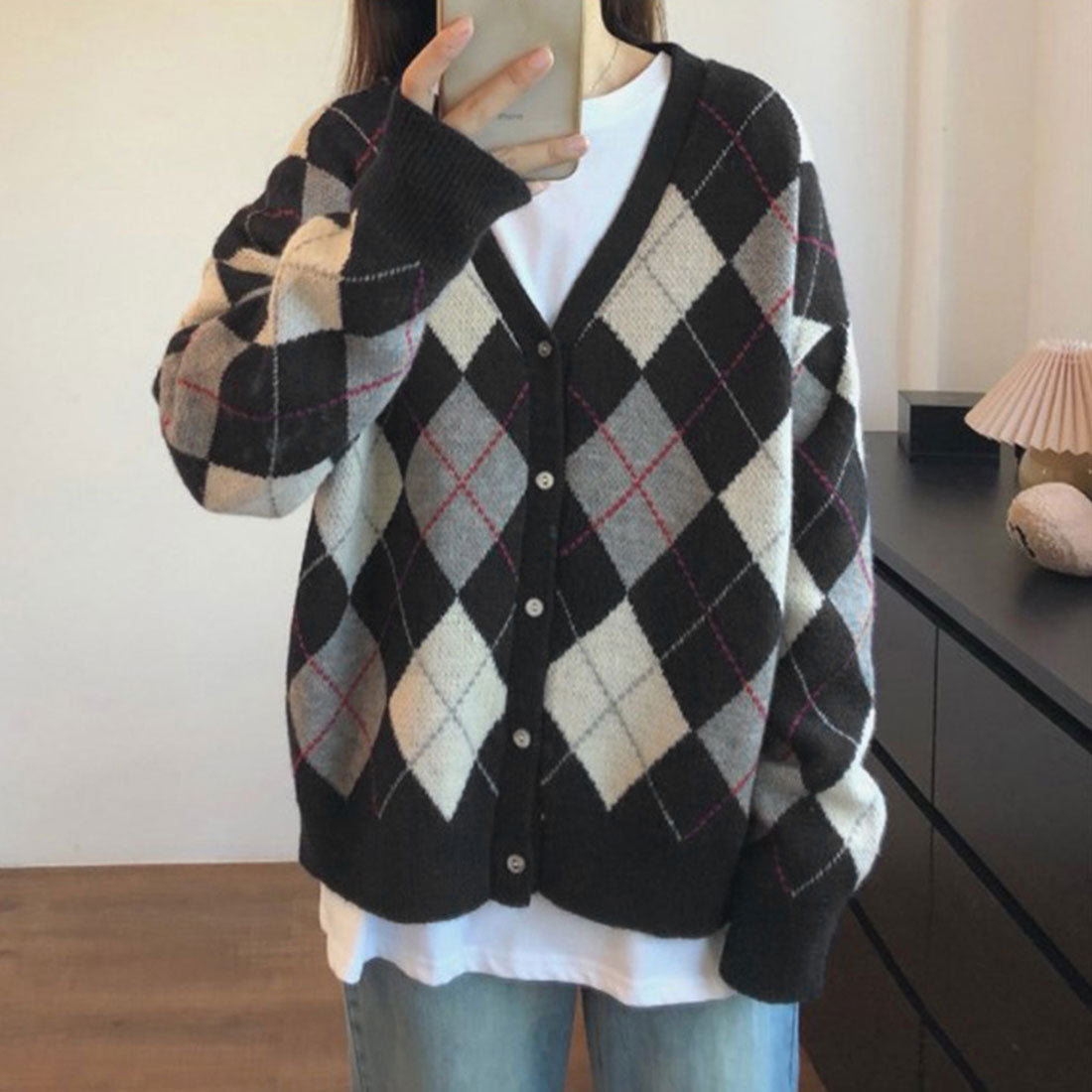 カーディガン アーガイル柄ニットカーデ