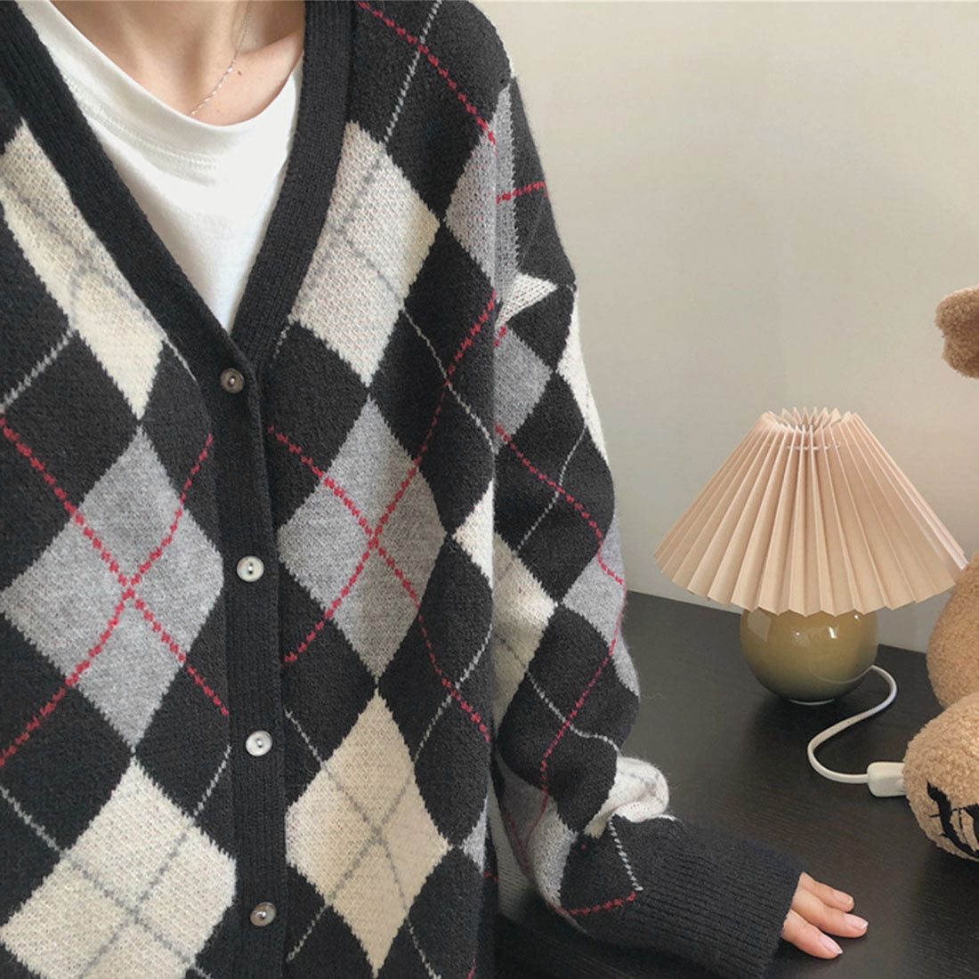 カーディガン アーガイル柄ニットカーデ