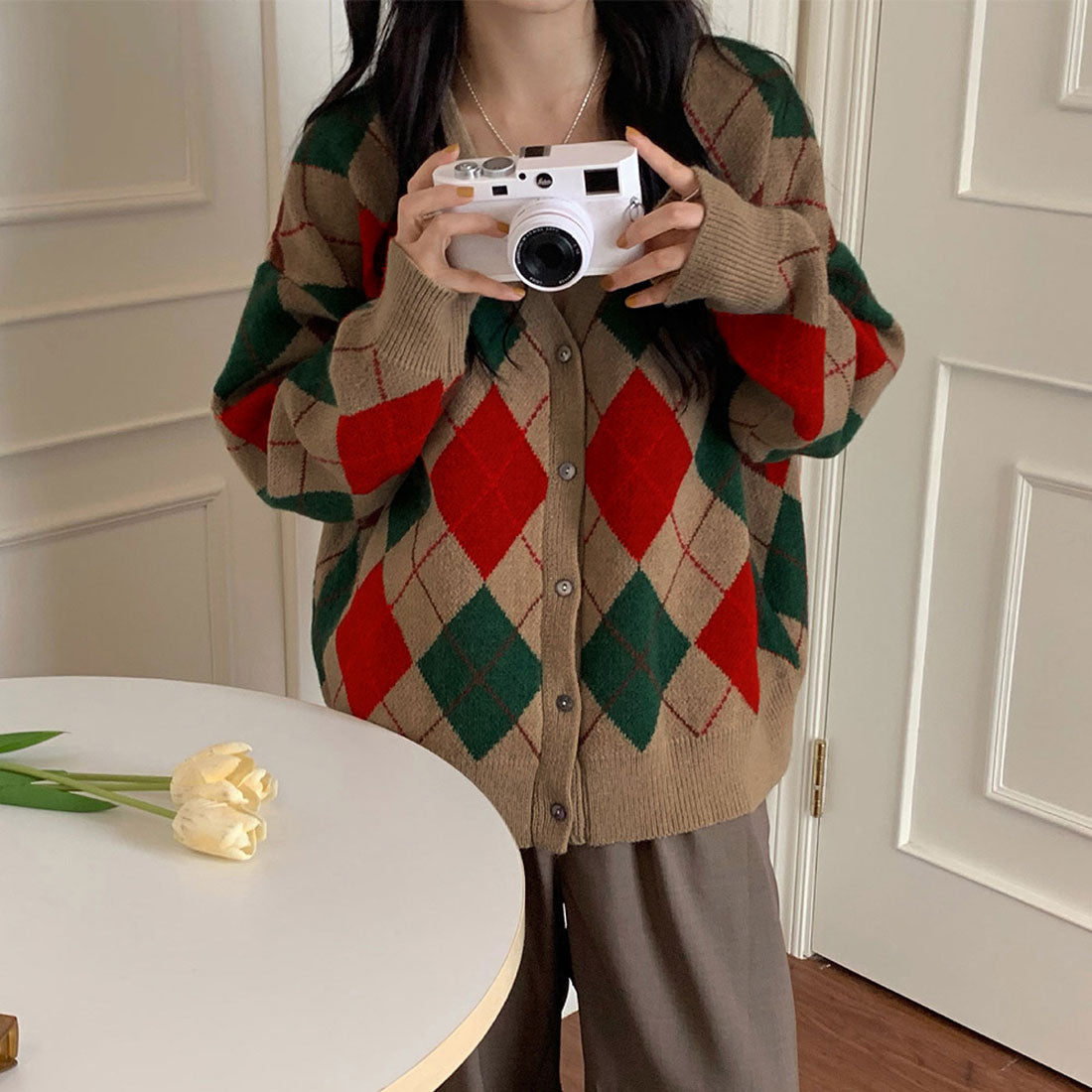カーディガン アーガイル柄ニットカーデ