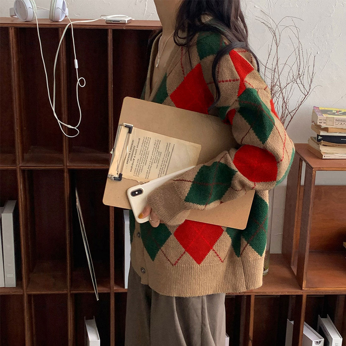 カーディガン アーガイル柄ニットカーデ