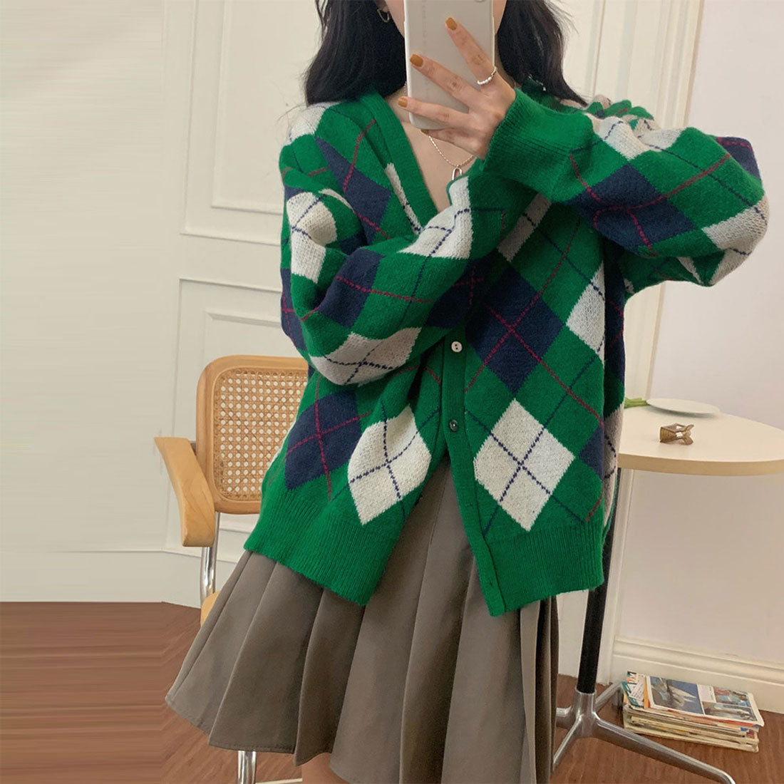 カーディガン アーガイル柄ニットカーデ