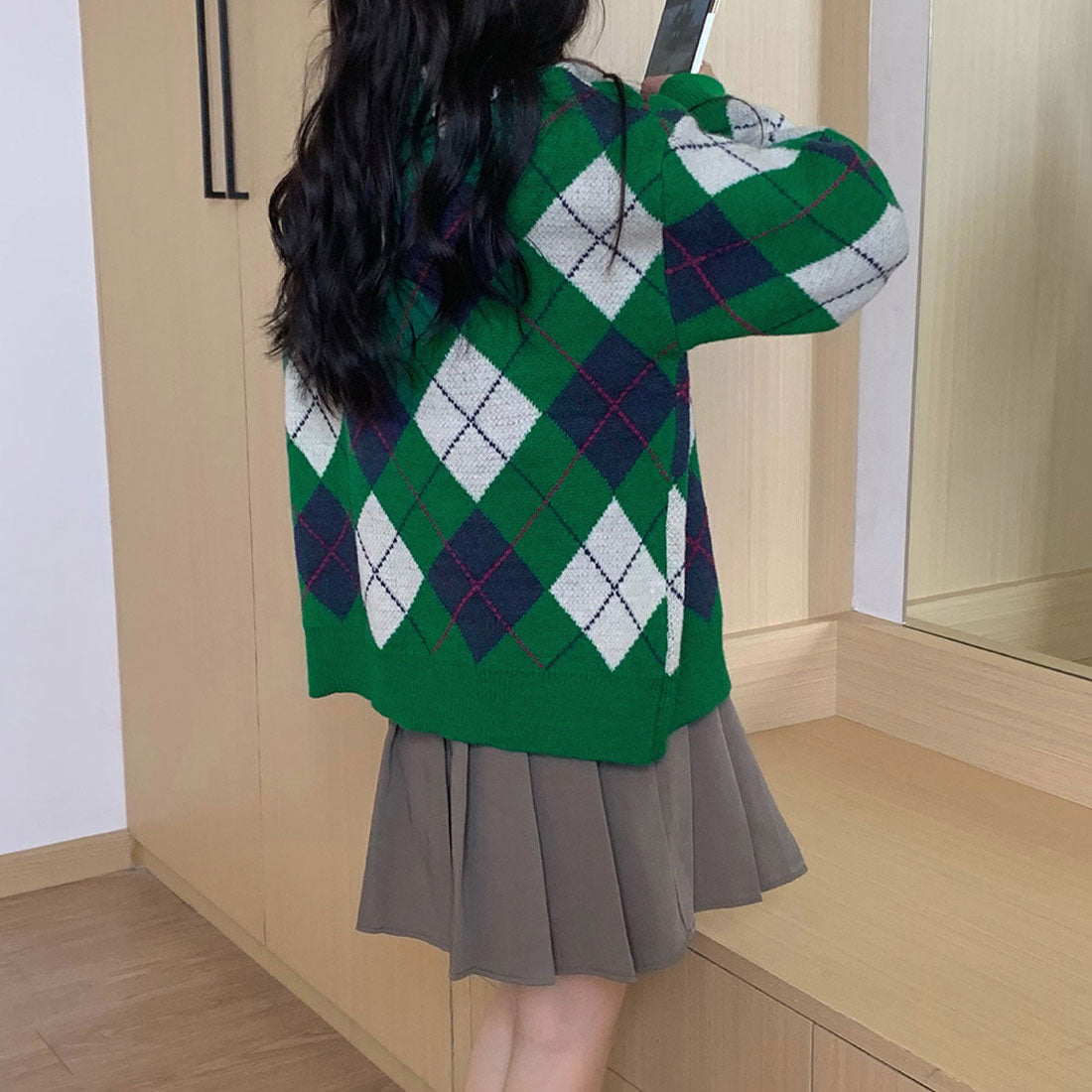 カーディガン アーガイル柄ニットカーデ