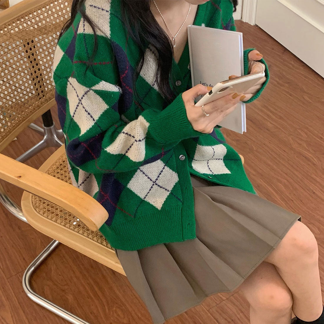 カーディガン アーガイル柄ニットカーデ