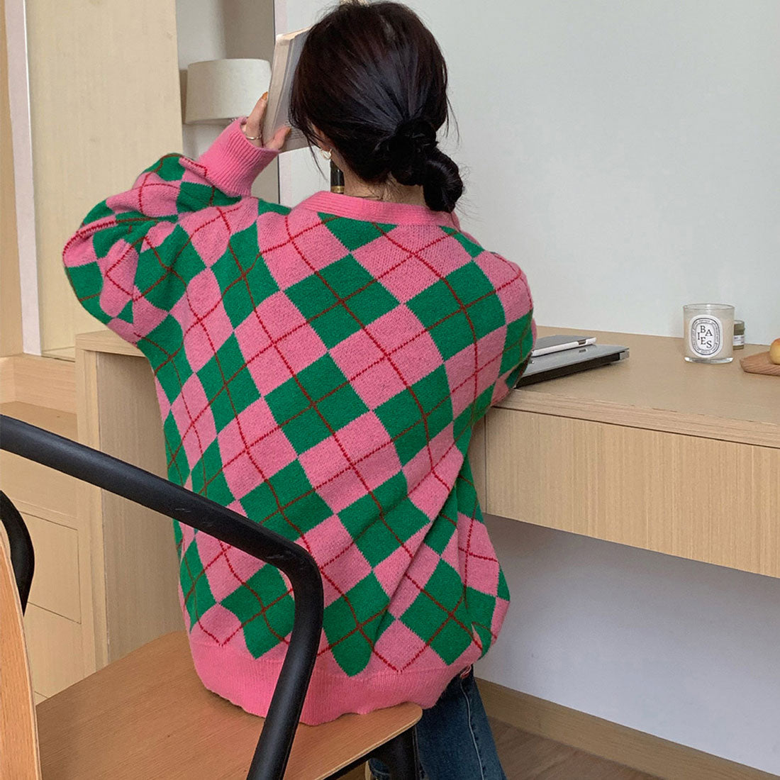 カーディガン アーガイル柄ニットカーデ