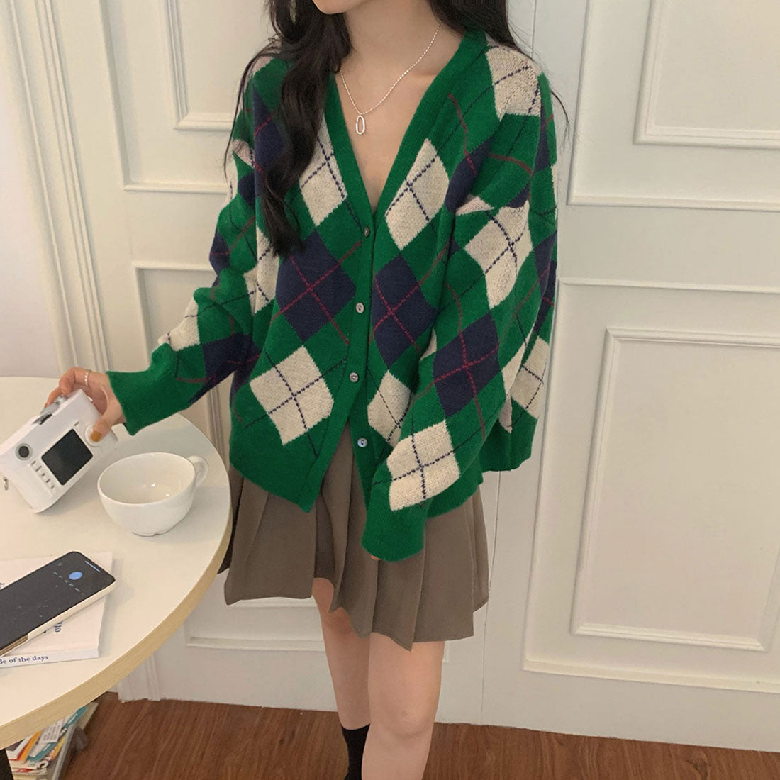 カーディガン アーガイル柄ニットカーデ,グリーン