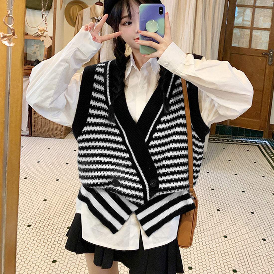 ニットジレ ボーダー柄 配色ベスト 秋冬