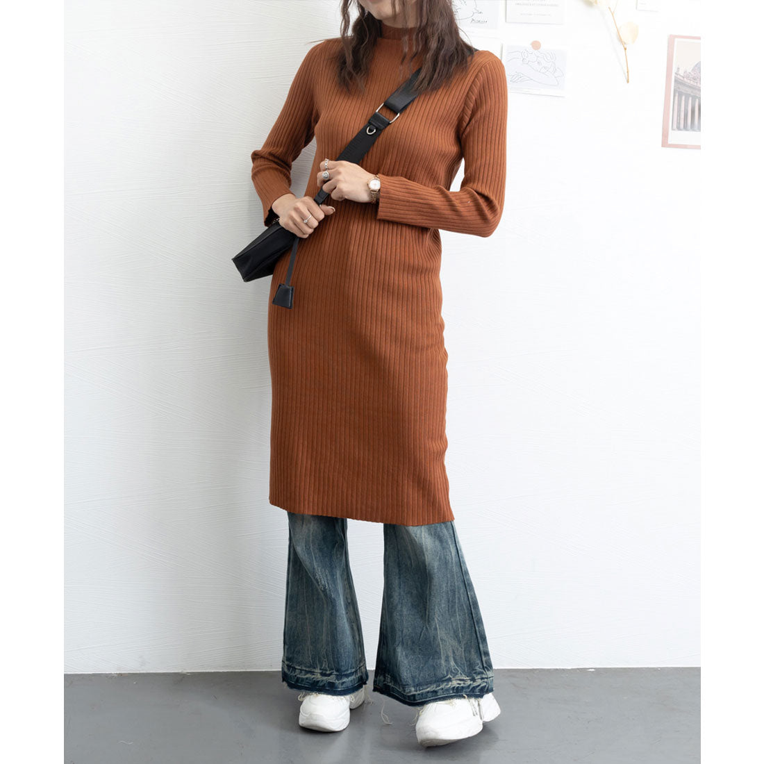 リブニット ワンピース ハイネック 無地