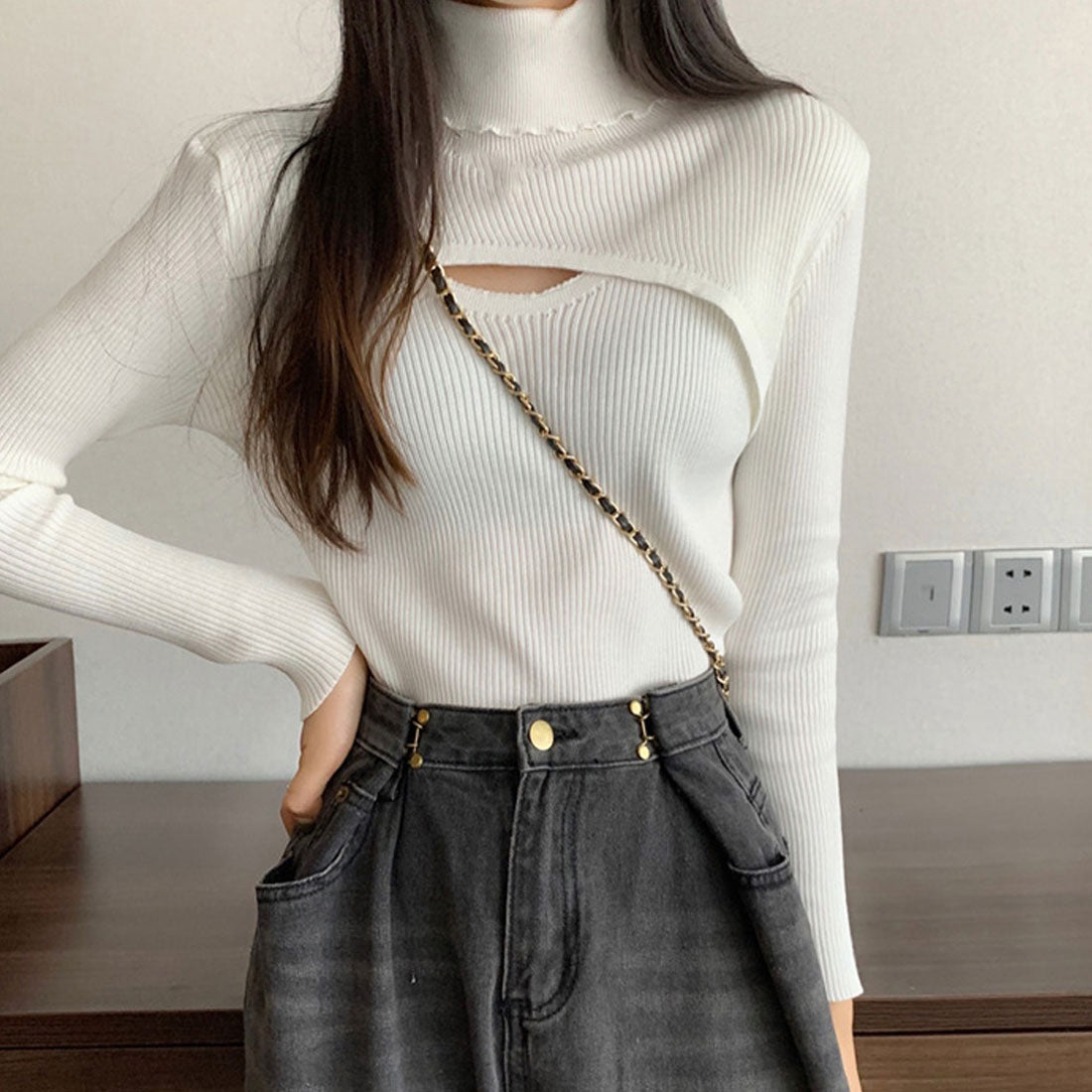 ニットトップス レディース ハイネック,ホワイト