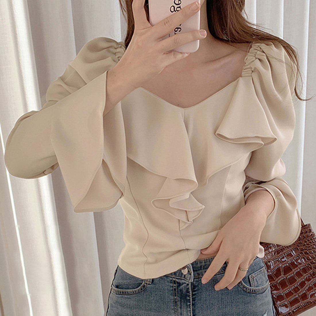 韓国ファッション 長袖ブラウス フリル襟,ベージュ