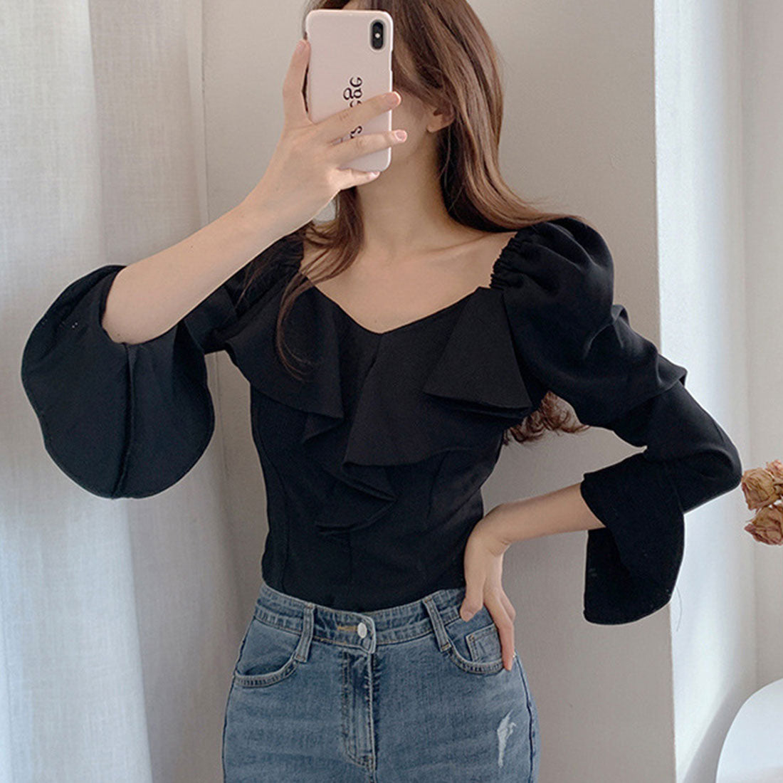 韓国ファッション 長袖ブラウス フリル襟