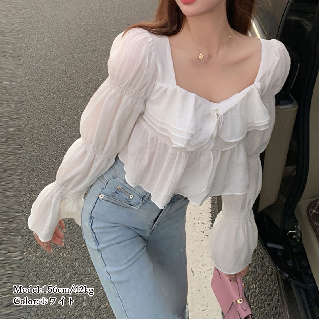 ブラウス スクエアネック 胸元フリル