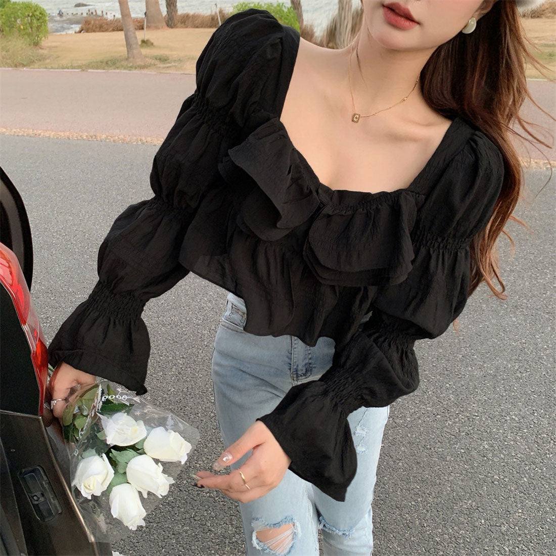 ブラウス スクエアネック 胸元フリル