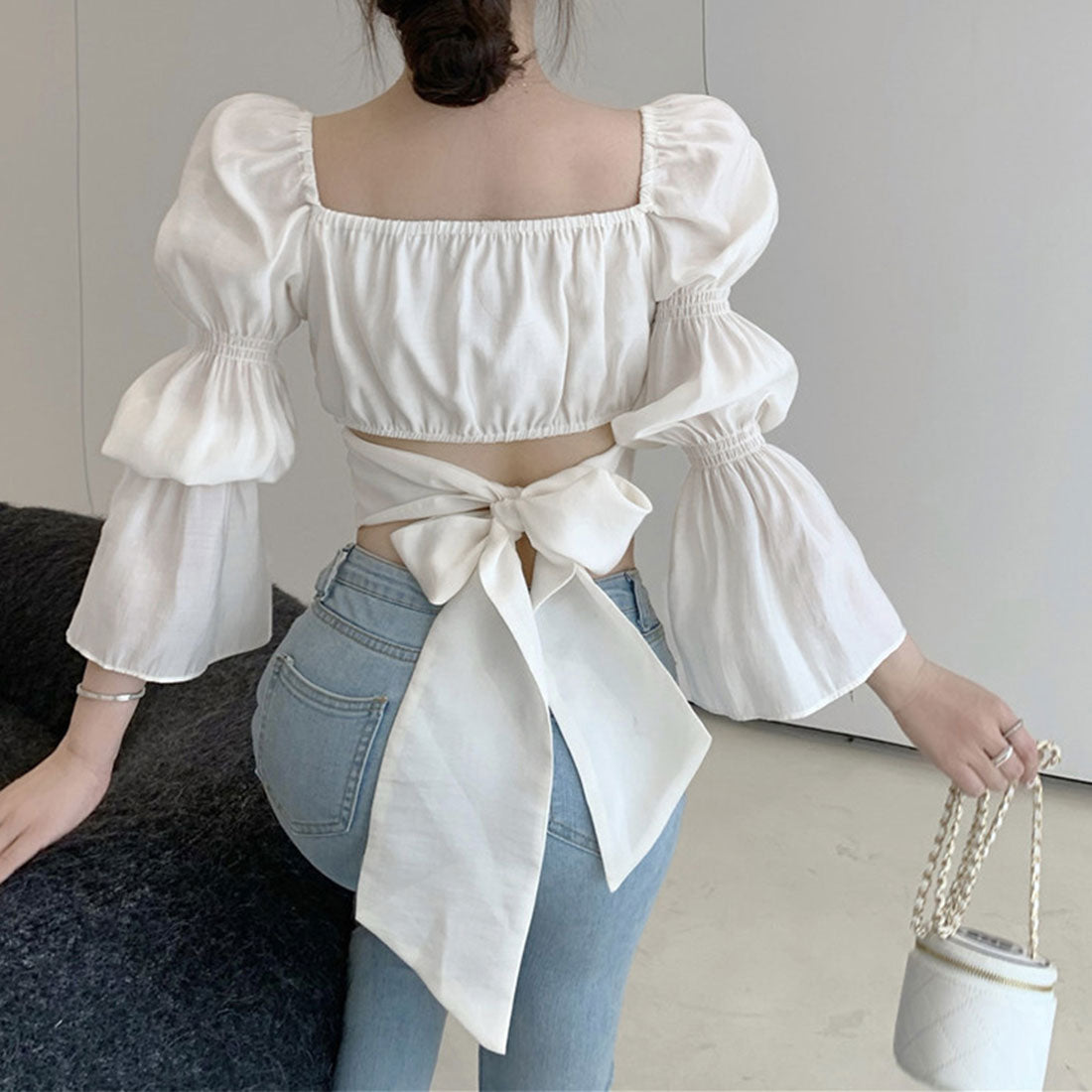 バックリボン ブラウス スクエアネック